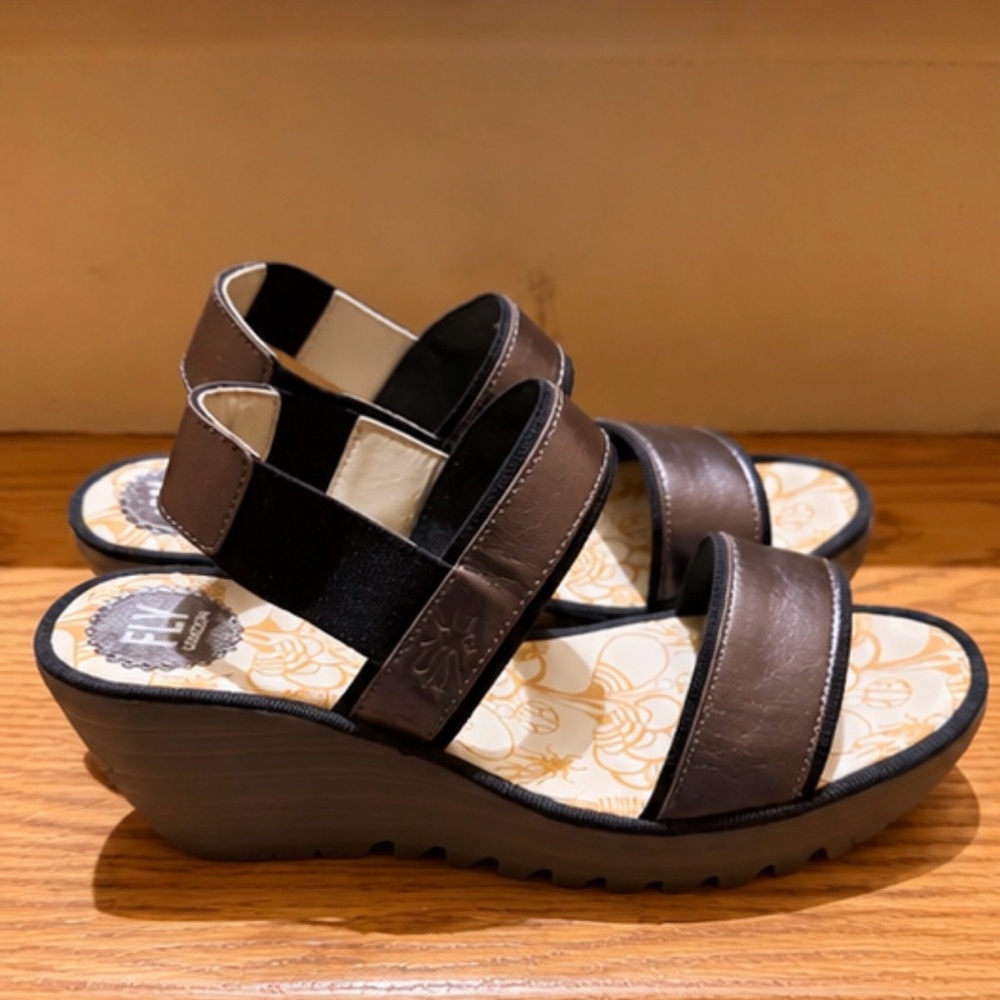 Fly London Black Wedge Sandals